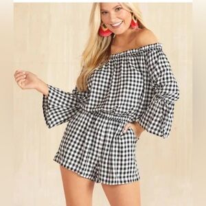 Mud Pie NWT Womens Off the Shoulder Black White Gingham Romper Pockets S…